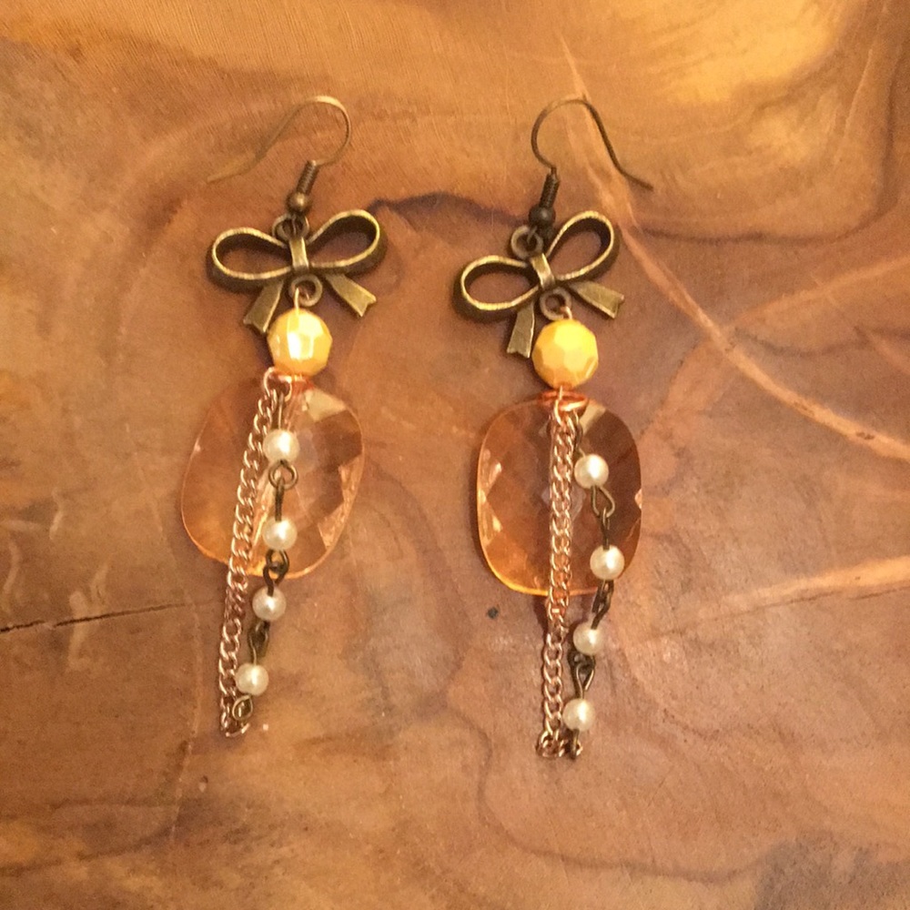 Champagne Peach + Pearl Tassel Bow Boho Statement Earrings - Picture 3 of 6